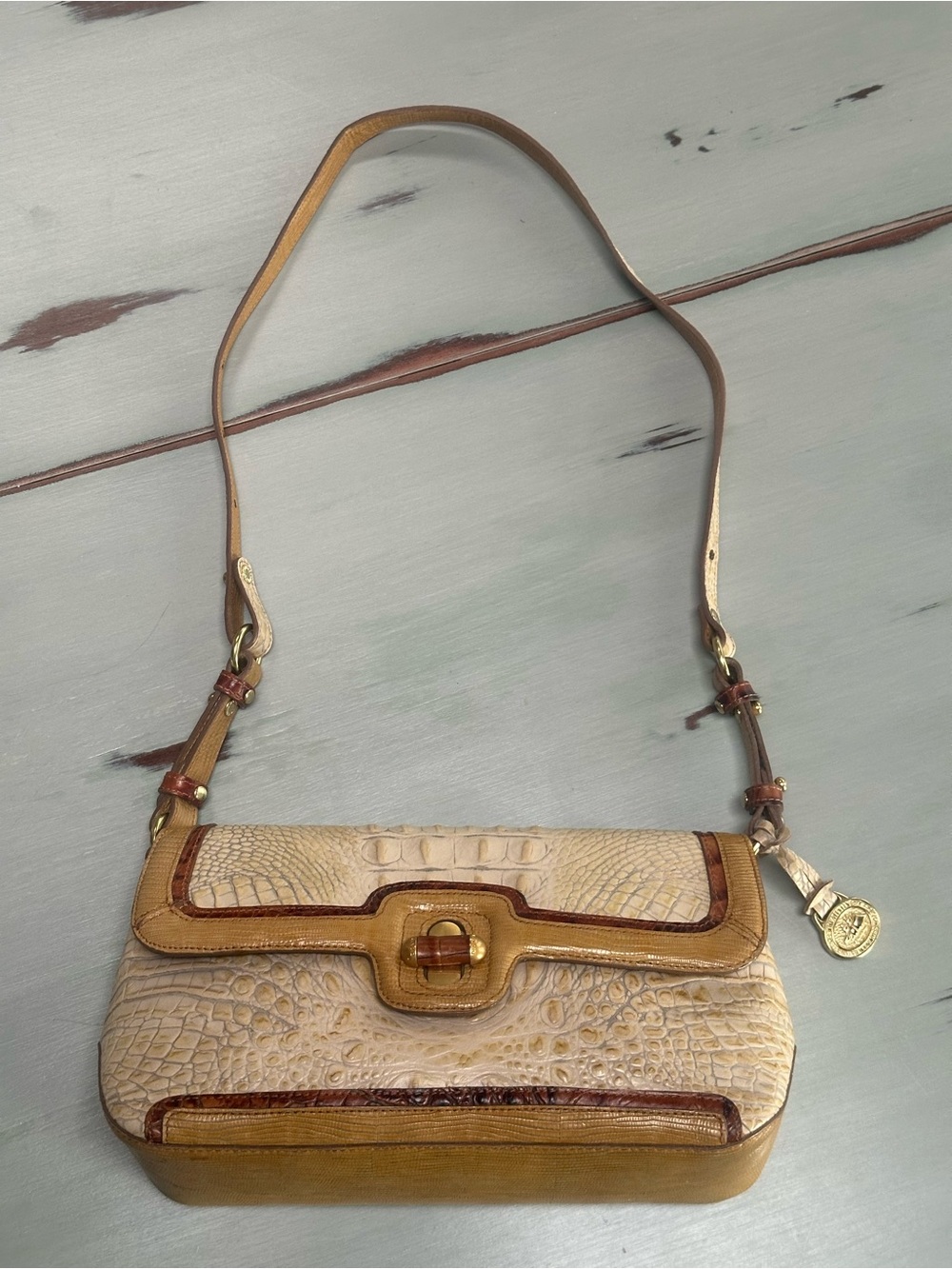 Brahmin Cream Croc-Embossed Leather Clutch with Tan & Brown Trim